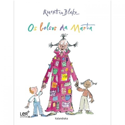 Capa do livro Os bolsos da Marta com desenho colorido de uma mulher com casaco rosa e bolsos decorativos, e duas crianças ao lado.