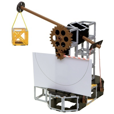 modelo de catapulta com peças modulares, engrenagens e suporte para papel branco