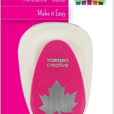 Furador Vaessen Creative em plástico branco e rosa com padrão de folha.