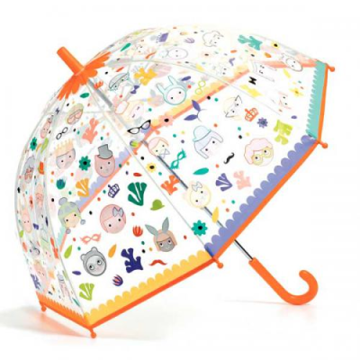 Guarda-chuva infantil transparente com desenhos coloridos e pega laranja
