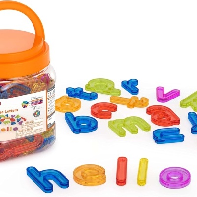 Lego de letras miniland coloridas em frasco plástico com tampa laranja