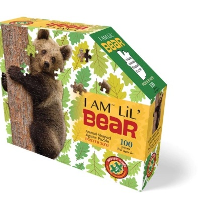 Caixa de puzzle com imagem de urso e folhas com texto I AM Lil' BEAR