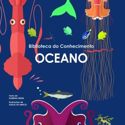 Capa de livro com ilustrações de animais marinhos e texto Biblioteca do Conhecimento OCEANO