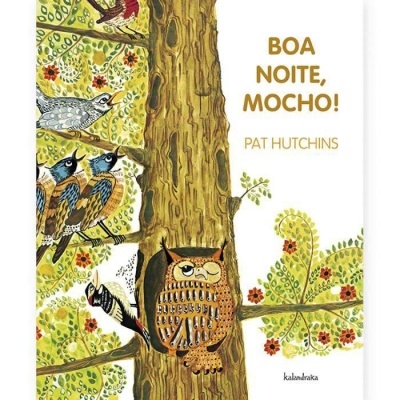 Capa de livro com ilustração de mocho e pássaros num tronco de árvore