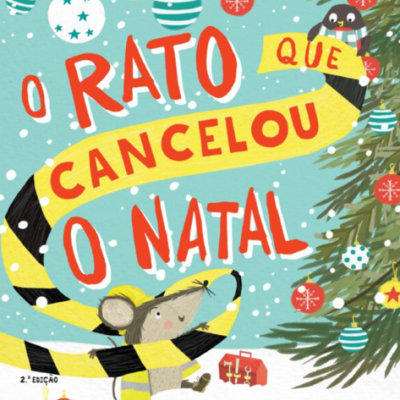 Capa de livro infantil com rato, pinguim, decoração de Natal e texto em português