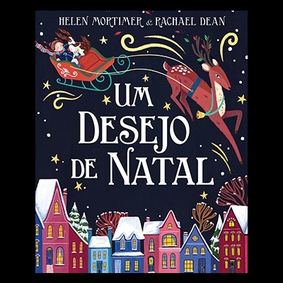 Capa de livro com tema natalício mostrando crianças em trenó e casas coloridas