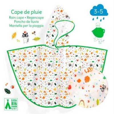 Capa de chuva infantil com padrão colorido e bordas verdes, tamanho 3-5 anos, texto multilíngue na embalagem.