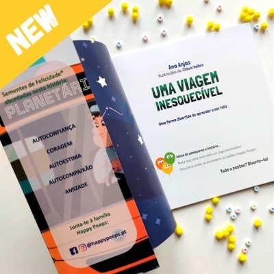 Livro infantil aberto com título e lista de temas, bolinhas coloridas ao redor e faixa amarela NEW