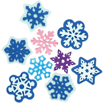 Oito flocos de neve decorativos em azul, lilás e rosa sobre fundo branco