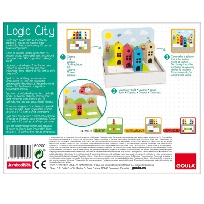 Embalagem traseira do jogo Logic City com instruções e ilustrações do jogo.
