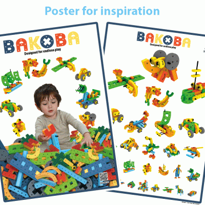 Cartazes com o brinquedo de construção BAKOBA colorido e um menino a brincar