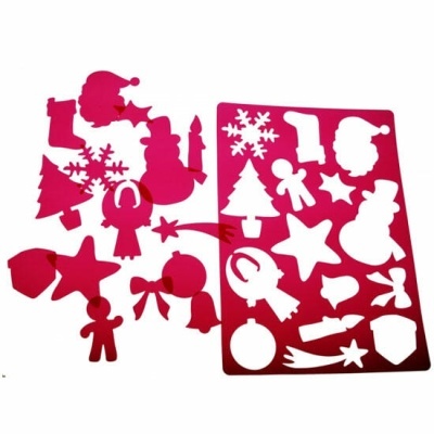 Stencil plástico vermelho com recortes natalícios e figuras recortadas