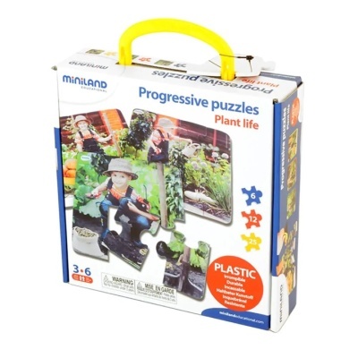 Caixa branca de puzzles progressivos Miniland com imagens de plantas e criança a montar puzzle, alça amarela.