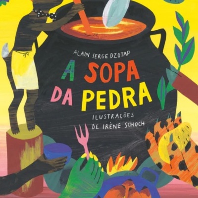 Capa colorida de livro infantil com coelho a mexer panela grande e título A Sopa da Pedra.