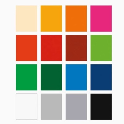 Paleta de 16 quadrados coloridos em várias cores vivas e sólidas