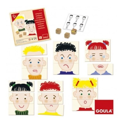 Jogo de peças de madeira coloridas para montar rostos com expressões diferentes e dados em fundo branco