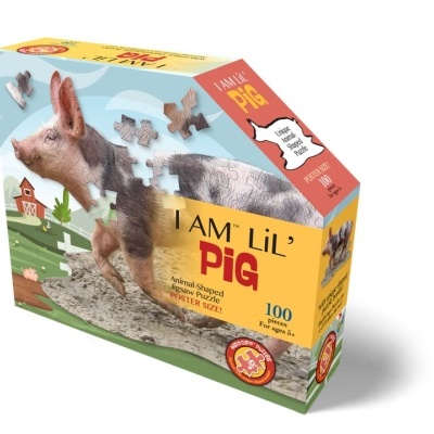 Caixa de puzzle 100 peças com imagem de porco em cenário rural.