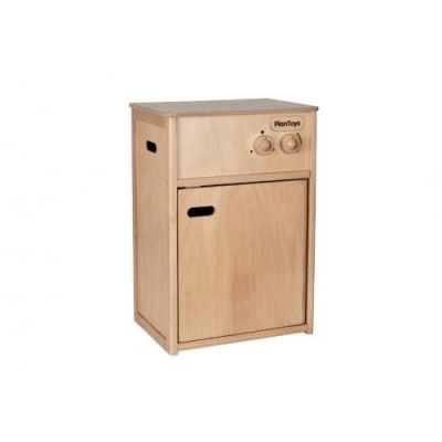 Armário de madeira clara com manípulas redondas e porta frontal, etiqueta PlanToys