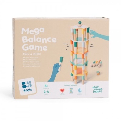 Jogo Mega Balance Game com peças de madeira coloridas e embalagem bege