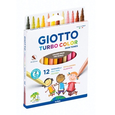 Conjunto de 12 marcadores Giotto Turbo Color em tons de pele com embalagem branca e ilustração de crianças desenhadas