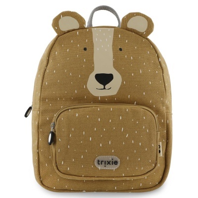 Mochila infantil castanha com padrão branco, rosto de urso e bolso frontal trixie