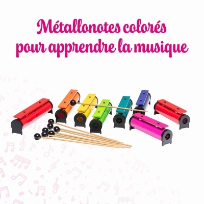Metallonotes coloridos com baquetas para aprender música texto em francês