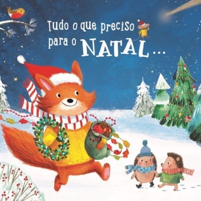 Ilustração natalícia de raposa com gorro e cachecol, segurando coroa e bolsa com decorações na neve com texto