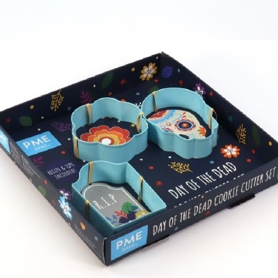 Conjunto de cortadores de bolachas temáticos Dia dos Mortos em caixa decorada.