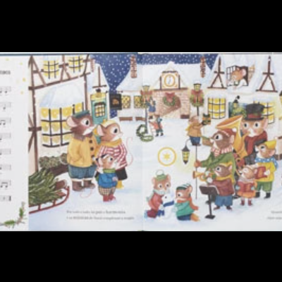 Ilustração de animais antropomórficos num mercado ao ar livre com roupas coloridas e partitura musical.