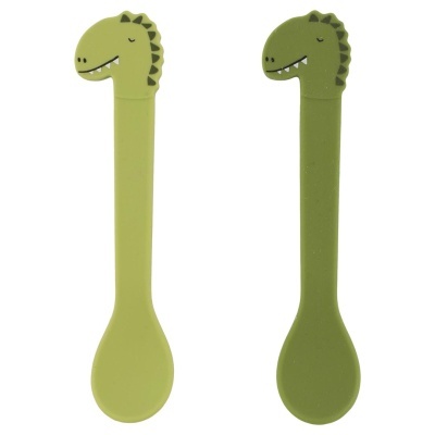 Colheres de silicone verde claro e escuro com cabeça de dinossauro