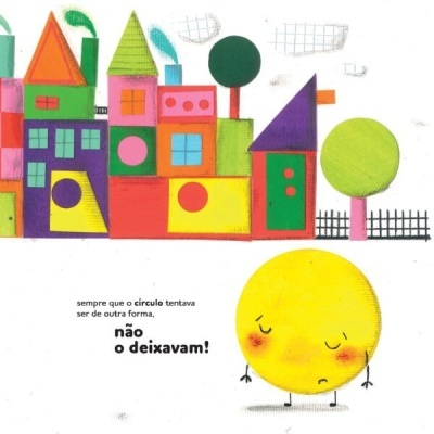 Ilustração de casas geométricas coloridas e círculo amarelo triste com texto em português.
