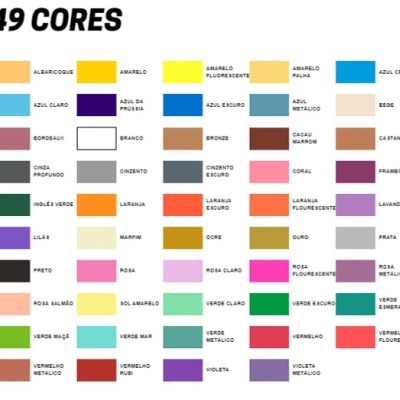Paleta de 49 cores com nomes em português, quadrados coloridos organizados em linhas e colunas.