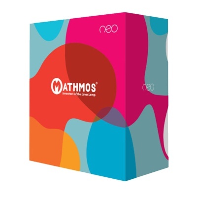 Caixa de produto Mathmos neo colorida com texto visível