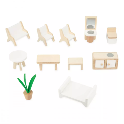 Conjunto de móveis de madeira para casa de bonecas em tons branco, natural e cinzento