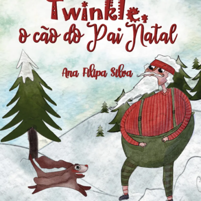 Capa de livro infantil com Pai Natal e cão na neve