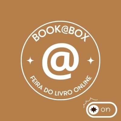 Logótipo BOOK@BOX feira do livro online em fundo castanho com botão on