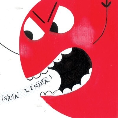 Figura vermelha zangada com texto SUJA LINHA na boca