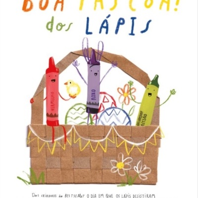 Capa de livro com lápis animados em cesta e texto de Páscoa