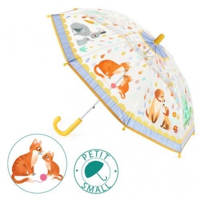 Guarda-chuva transparente com padrão de animais e cabo amarelo