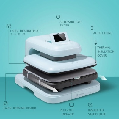 Prensa térmica branca com display digital e tampa isolante térmica cinza sobre base branca