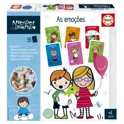 Caixa de jogo educativo 'As emoções' com cartas coloridas e ilustrações infantis