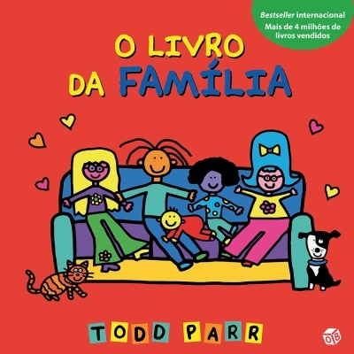 Capa de livro infantil com família ilustrada sentada no sofá e texto em português