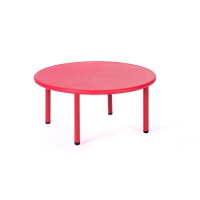 Mesa baixa redonda vermelha com quatro pernas e pés pretos