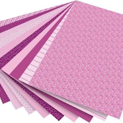 Folhas de papel decorativo em tons rosa e roxo com padrões variados