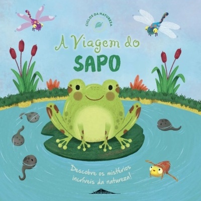 Capa de livro infantil com sapo verde sentado numa folha num lago
