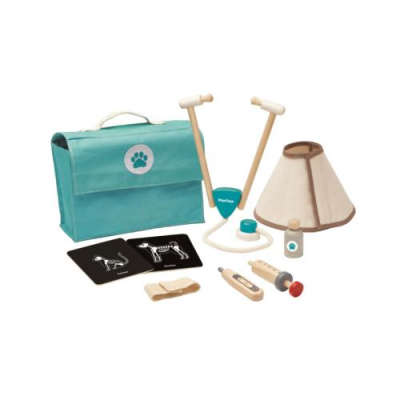 Brinquedo de conjunto médico veterinário com mala azul, estetoscópio, termómetro, seringa, lâmpada e cartões com cães