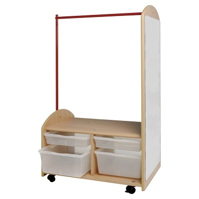 Móvel organizador de madeira com gavetas plásticas e barra vermelha