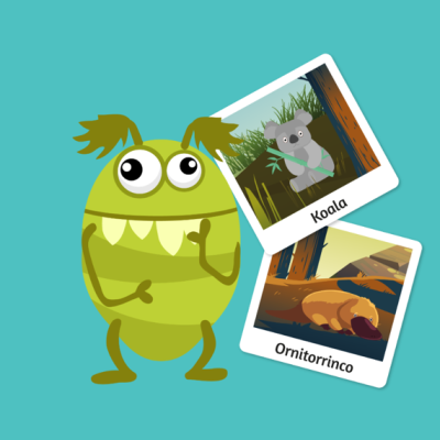 Monstro verde com fotos de Koala e Ornitorrinco