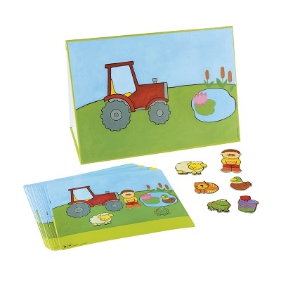 Conjunto de cartões com ilustrações de trator e peças destacáveis de animais e pessoas