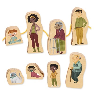 Figuras de madeira coloridas representando pessoas e um gato, ligadas por um cordão amarelo